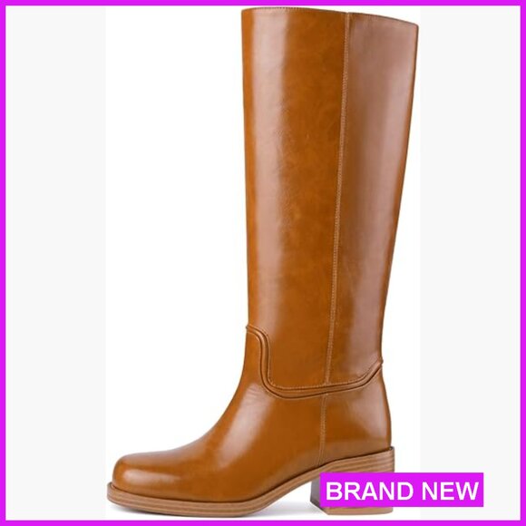 Knee High Boots Chunky Block Heel Square Toe Pull On Fashion Comfortable Riding
